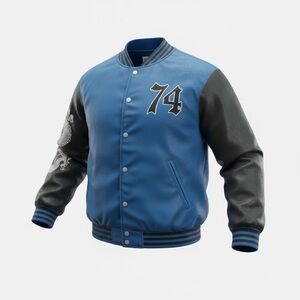 refuge Blue and Black Varsity Jacket with '74' Patch Size Medium